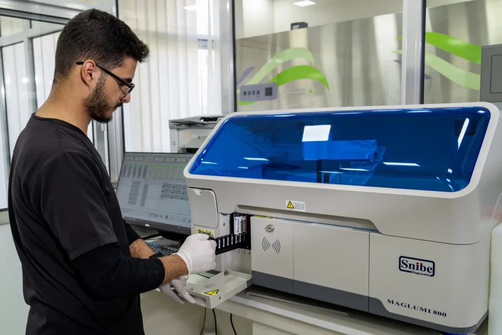 A Unilabs laboratory specialist operating an automated analyzer